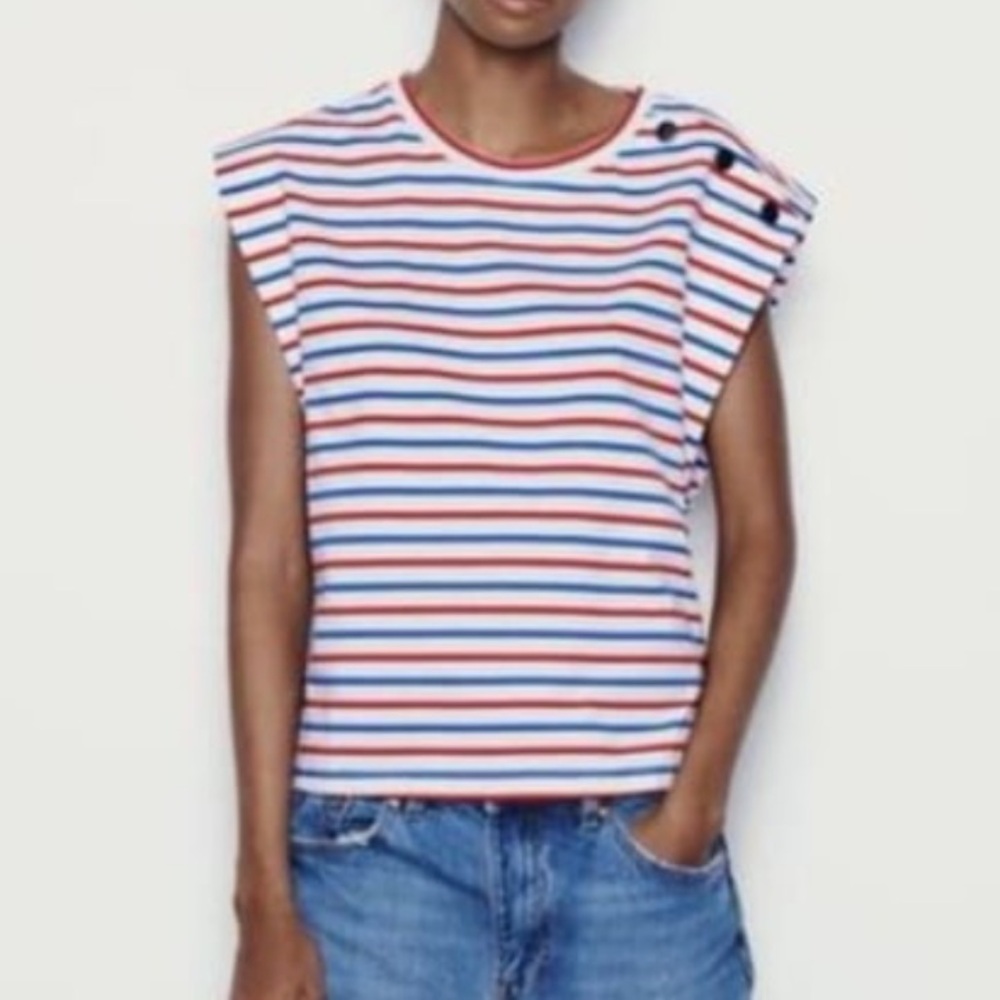 Zara red white blue stripe shoulder bottom detail top